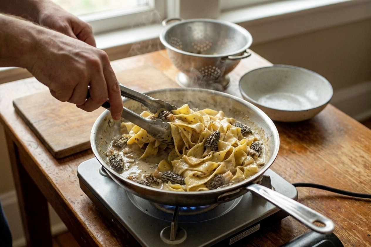 Hands using tongs to toss long pasta in a skillet with creamy sauce and morel mushrooms on a stovetop