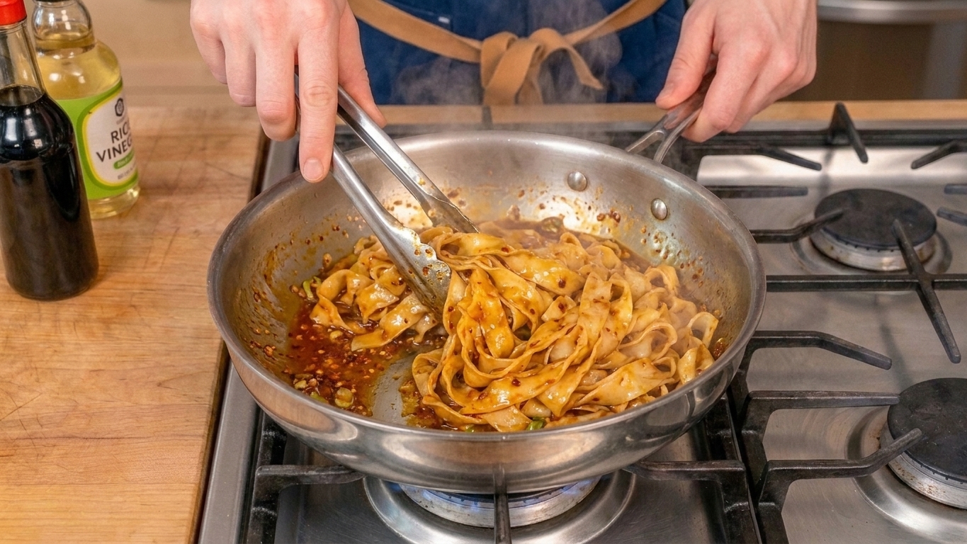 Hands using tongs to toss noodles in a glossy spicy sauce in a skillet on a stovetop with steam rising