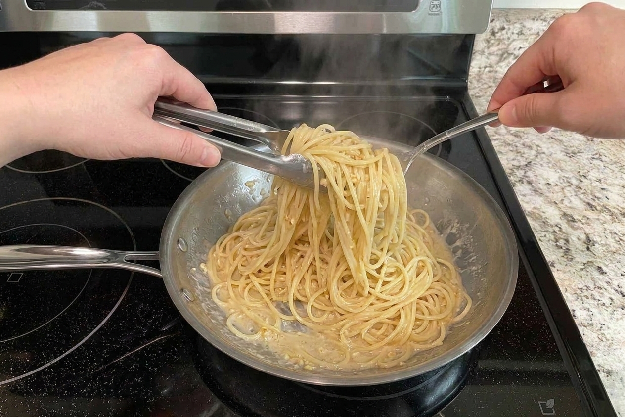 Hands using tongs to toss pasta in a skillet as the sauce turns glossy and clings to the noodles