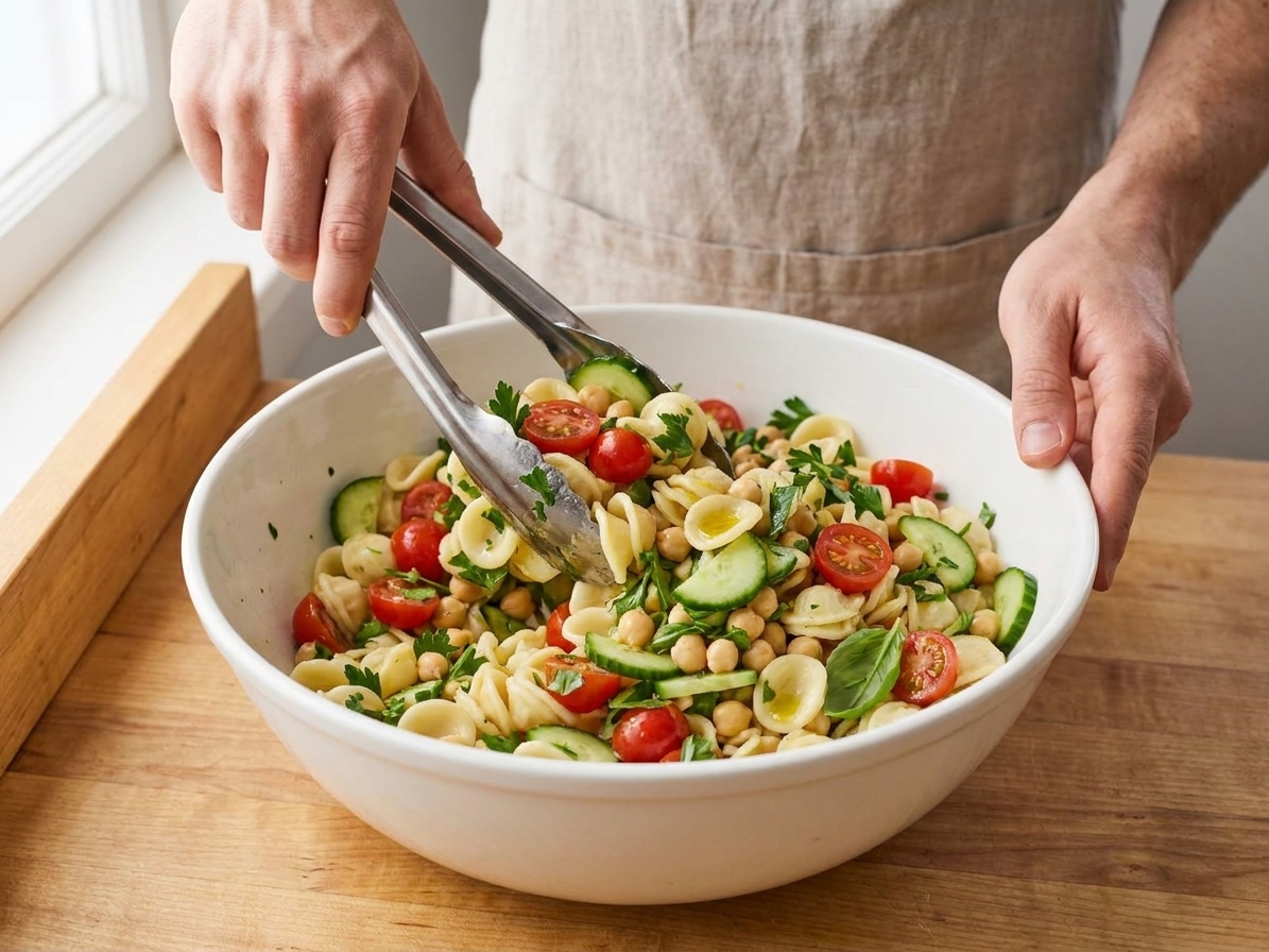 Hands using tongs to toss pasta salad with cherry tomatoes, cucumbers, chickpeas, and herbs in a large white mixing bowl