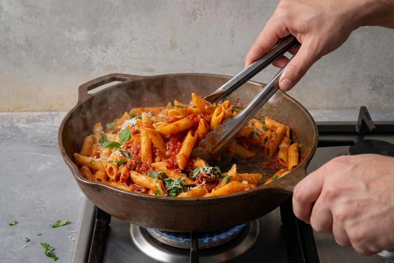 Hands using tongs to toss penne pasta with arrabbiata sauce in a large skillet on a home stove