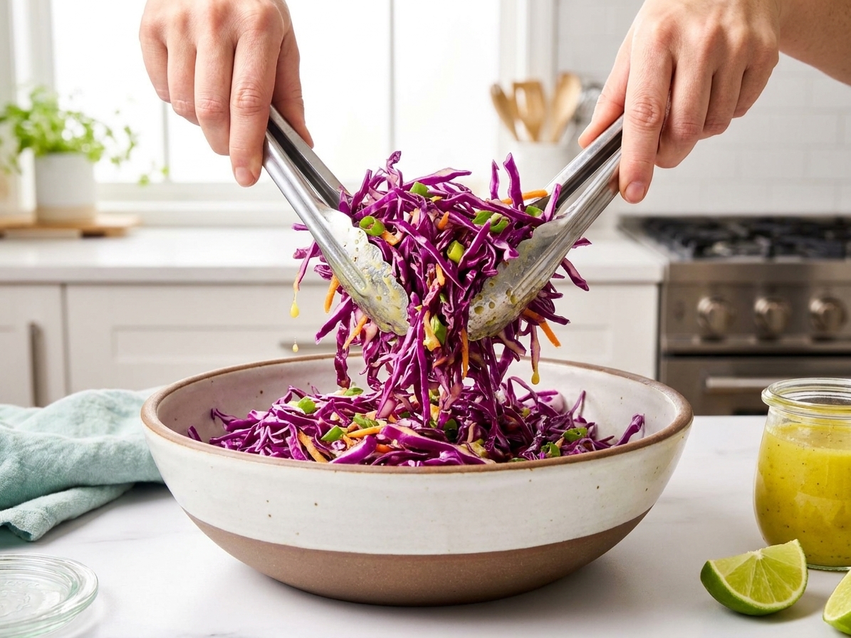 Hands using tongs to toss purple cabbage slaw in a large mixing bowl on a kitchen counter, dressing lightly coating the cabbage