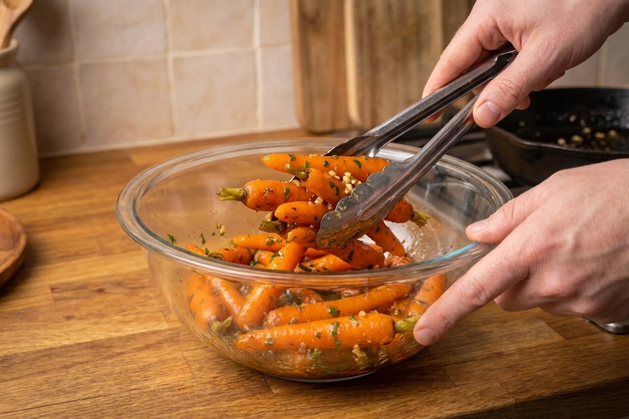 Hands using tongs to toss roasted baby carrots in a mixing bowl with a shiny honey garlic butter glaze on a kitchen counter