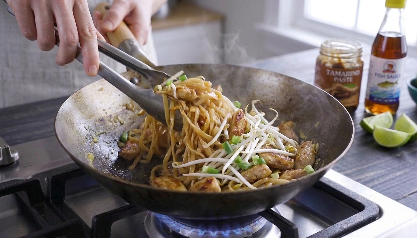 Hands using tongs to toss saucy pad thai noodles with bean sprouts and green onions in a large skillet