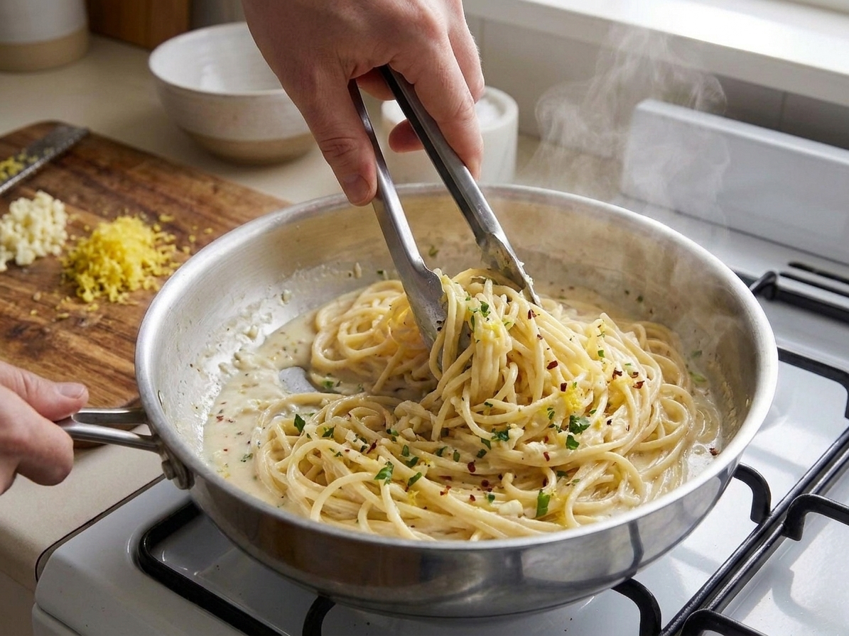 Hands using tongs to toss spaghetti in a creamy sauce inside a large skillet on the stove