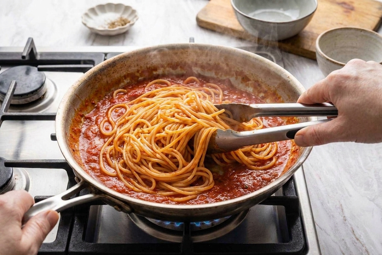 Hands using tongs to toss spaghetti in a skillet of tomato sauce as steam rises
