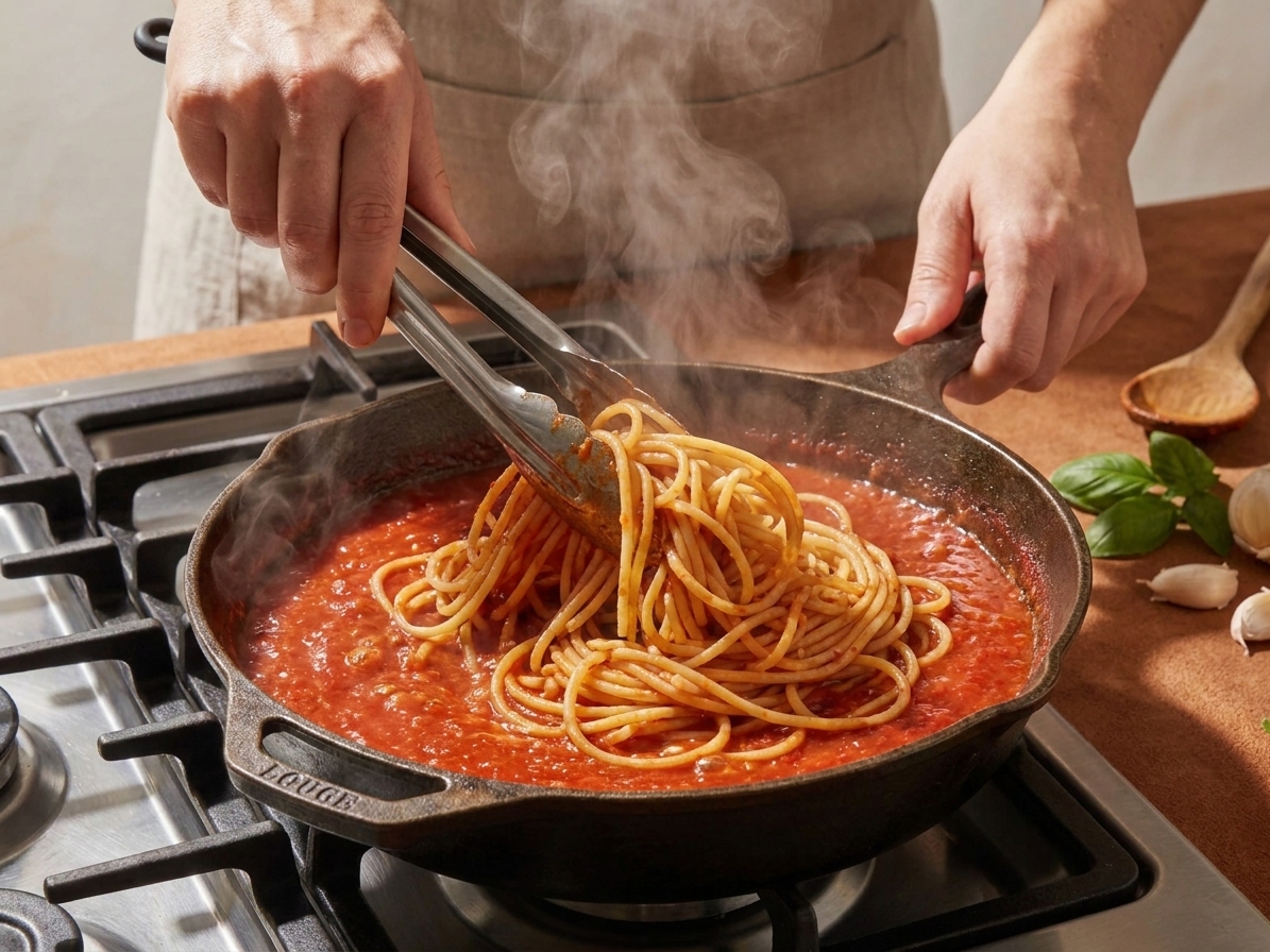 Hands using tongs to toss spaghetti in a skillet of tomato sauce as steam rises