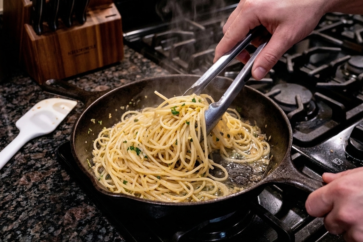 Hands using tongs to toss spaghetti in a skillet with a glossy lemon butter sauce on a stovetop