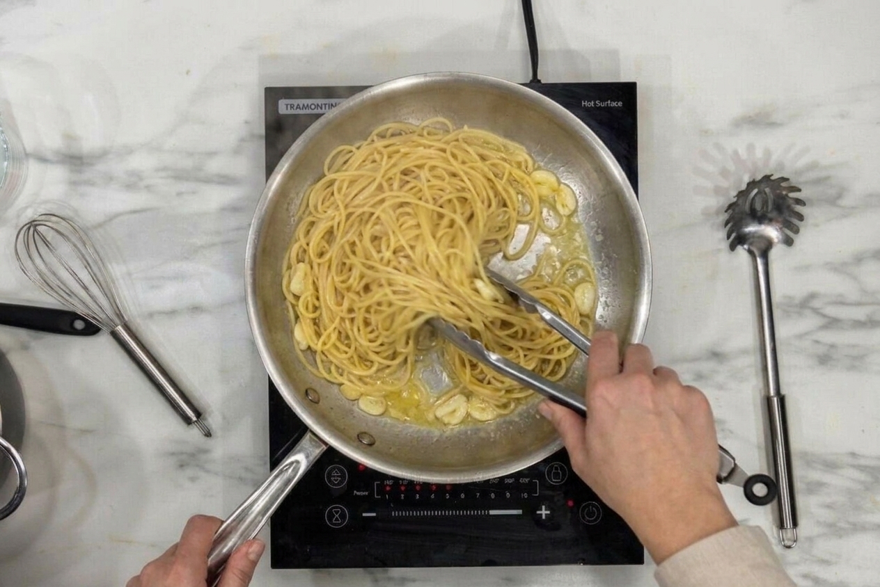 Hands using tongs to toss spaghetti in a skillet with glossy butter sauce on a home stovetop