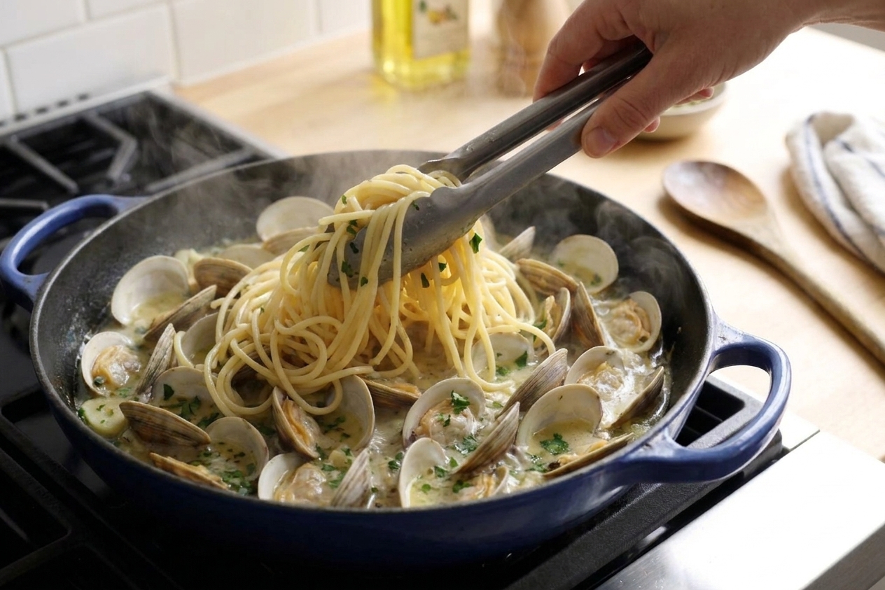 Hands using tongs to toss spaghetti in a skillet with clam sauce, garlic, and parsley