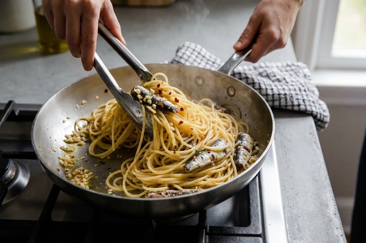 Hands using tongs to toss spaghetti with sardines, garlic, and chili flakes in a wide skillet on a stovetop