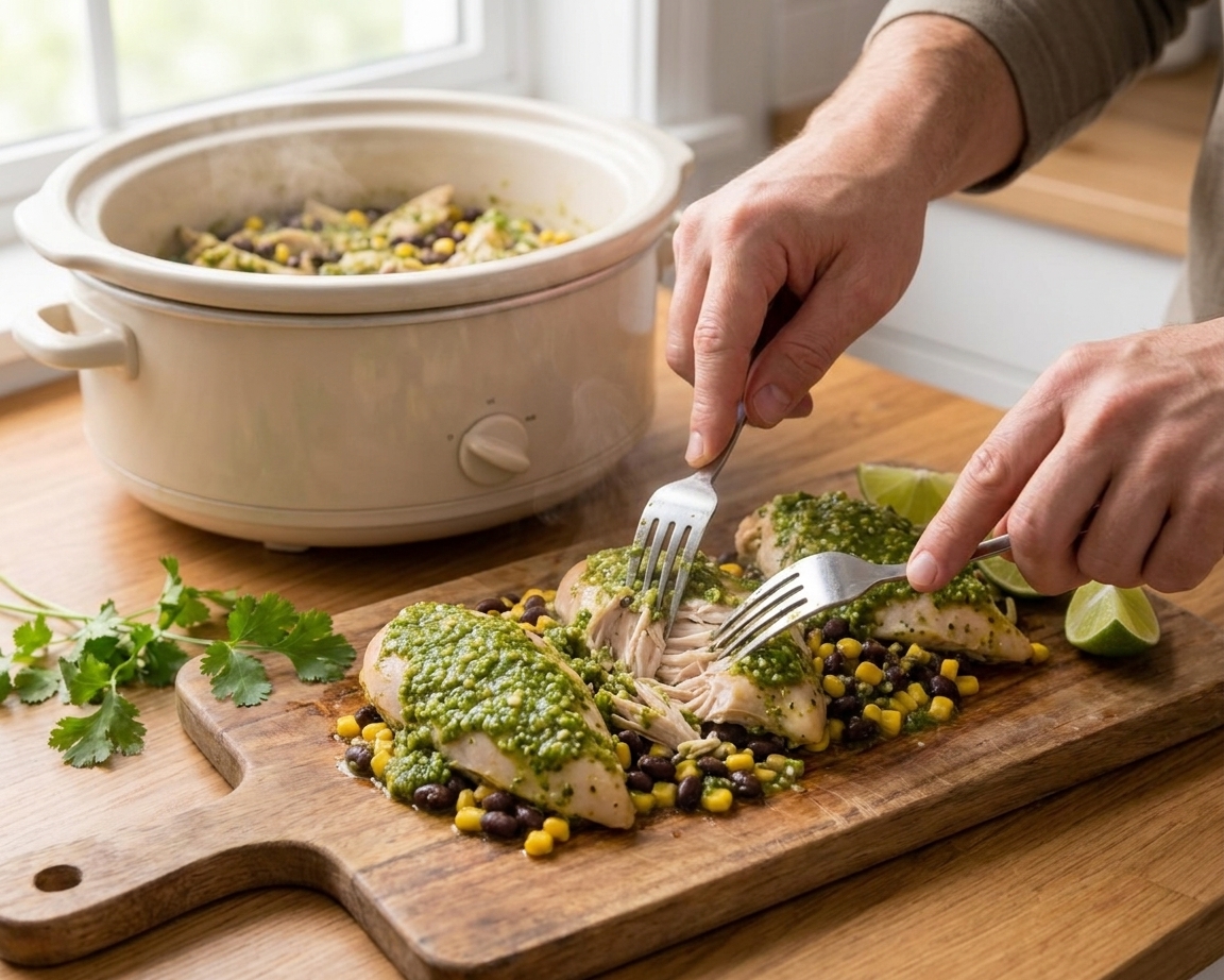Hands using two forks to shred cooked chicken on a cutting board with a slow cooker in the background