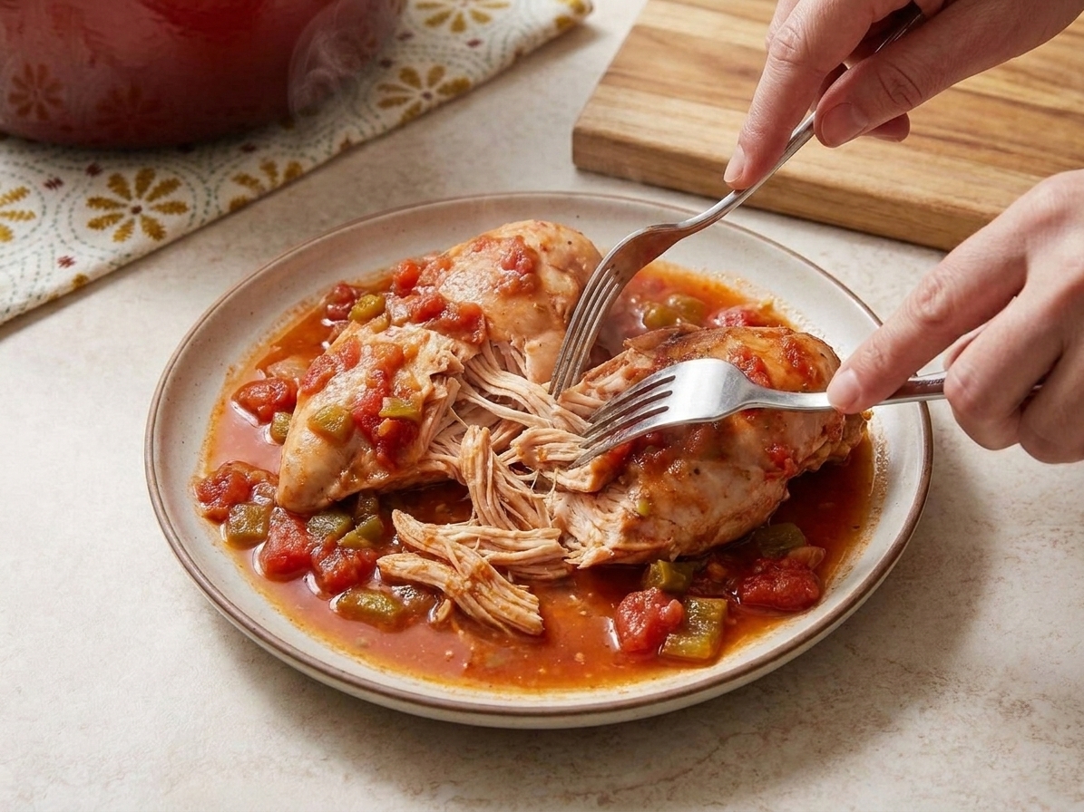 Hands using two forks to shred cooked chicken on a plate with salsa juices pooling around it
