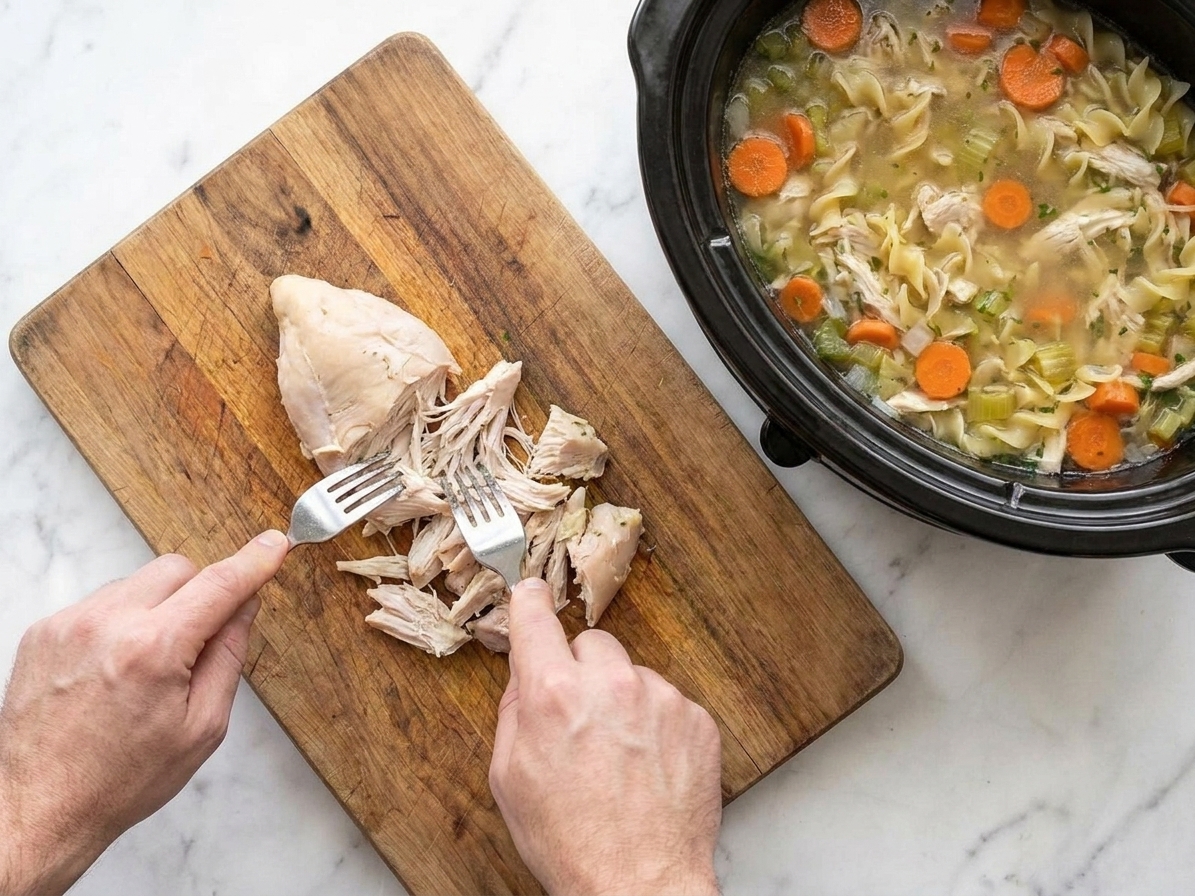 Hands using two forks to shred cooked chicken on a cutting board beside a slow cooker
