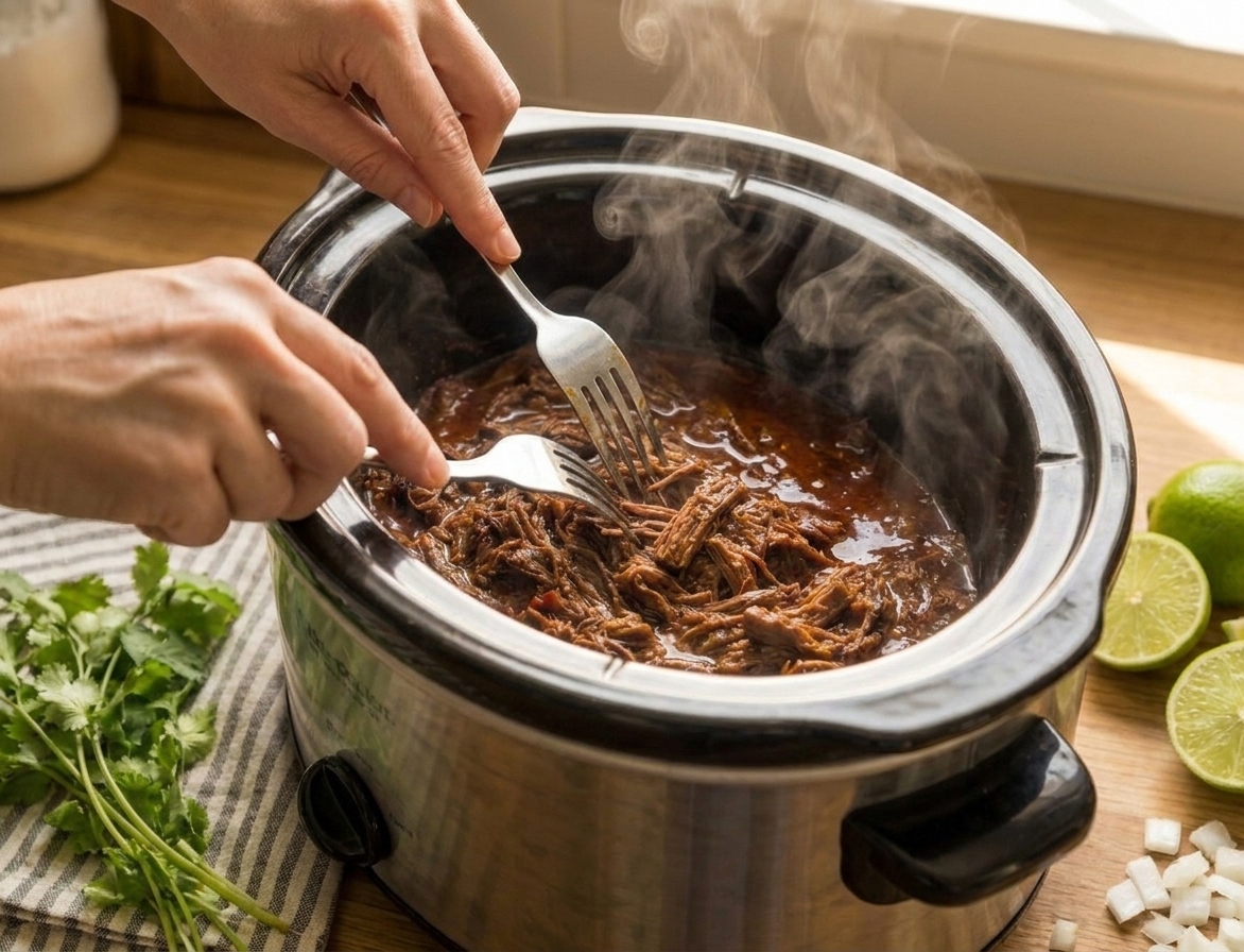 Hands using two forks to shred tender barbacoa beef in a slow cooker with rich red-brown sauce