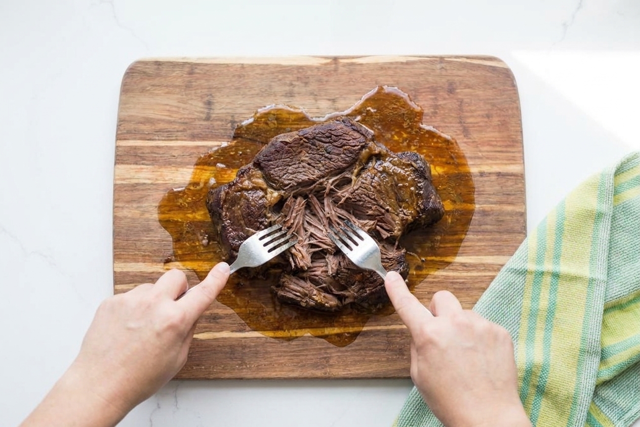 Hands using two forks to shred tender braised beef on a cutting board with juices pooling nearby