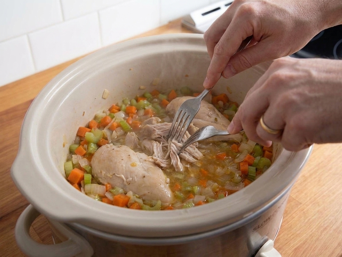 Hands using two forks to shred tender cooked chicken in a slow cooker filled with broth and vegetables