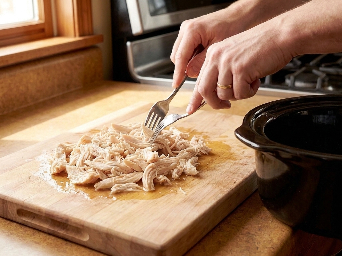 Hands using two forks to shred tender cooked chicken on a wooden cutting board with a slow cooker nearby