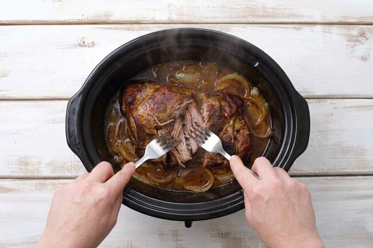 Hands using two forks to shred tender pork shoulder in a slow cooker with onions and cooking juices visible