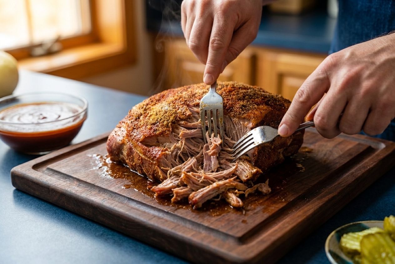 Hands using two forks to shred tender pulled pork on a wooden cutting board in a bright kitchen
