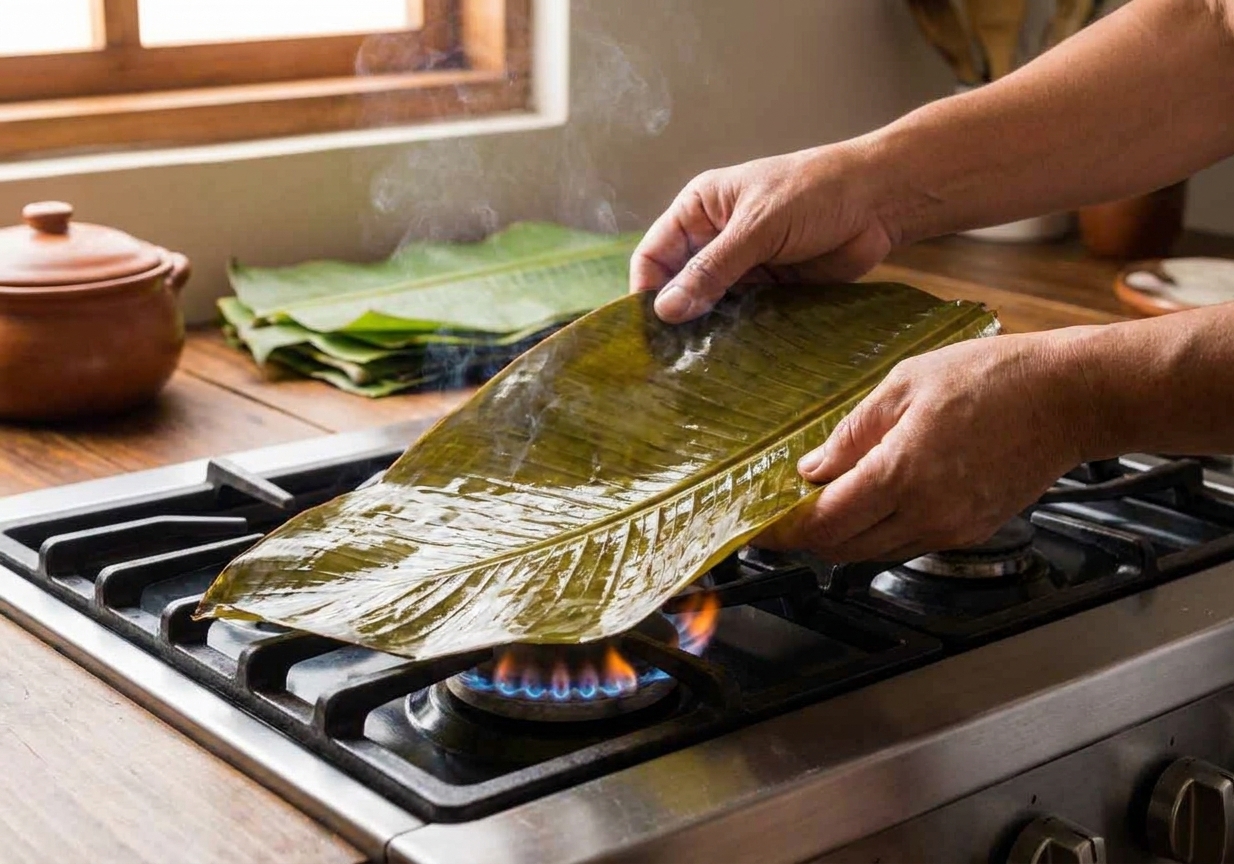 Hands warming a banana leaf over a stovetop flame until it turns glossy and flexible