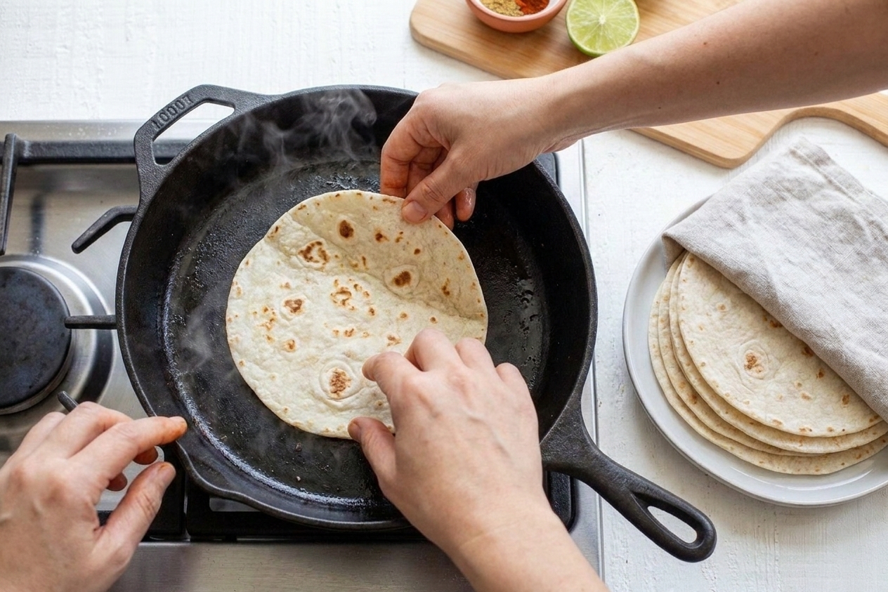 Hands warming flour tortillas in a dry skillet on a stovetop with a stack of warmed tortillas on a plate nearby