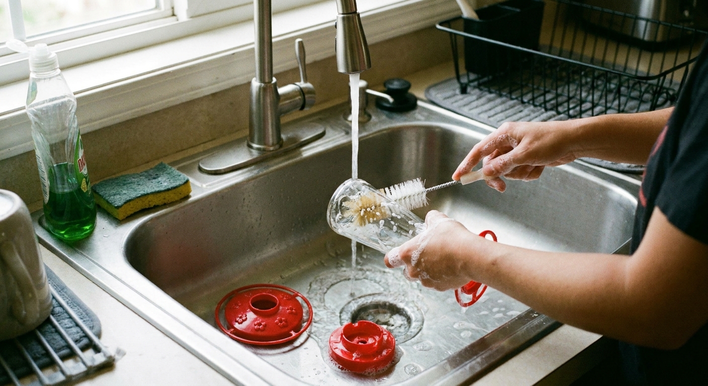 Hands washing a hummingbird feeder with a small bottle brush in a stainless steel kitchen sink, real photo