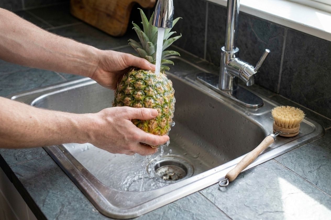 Hands washing a ripe pineapple under running water in a kitchen sink with a scrub brush nearby