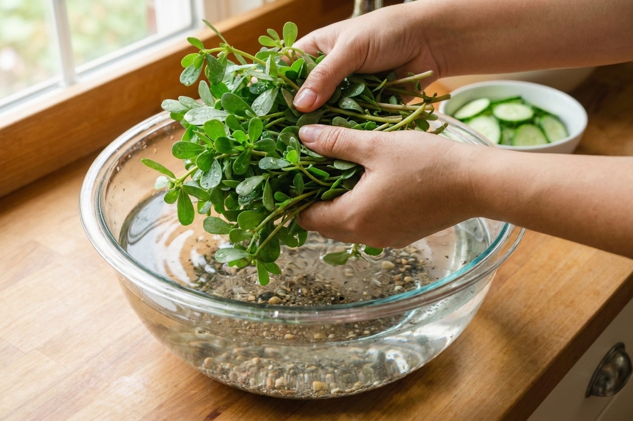 Hands washing fresh purslane in a large bowl of cold water on a kitchen counter, with grit settling to the bottom and greens being lifted out