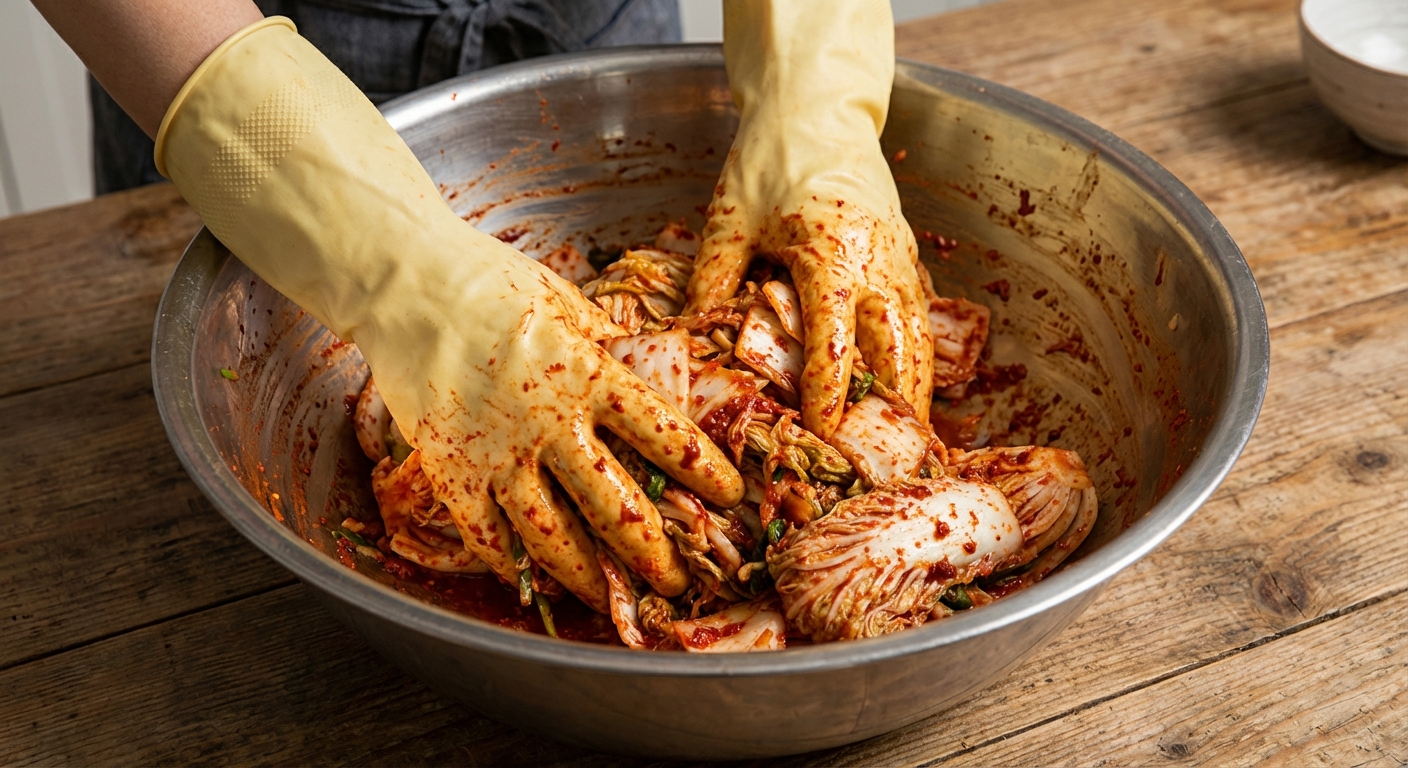 Hands wearing kitchen gloves tossing napa cabbage with red kimchi paste in a large metal mixing bowl
