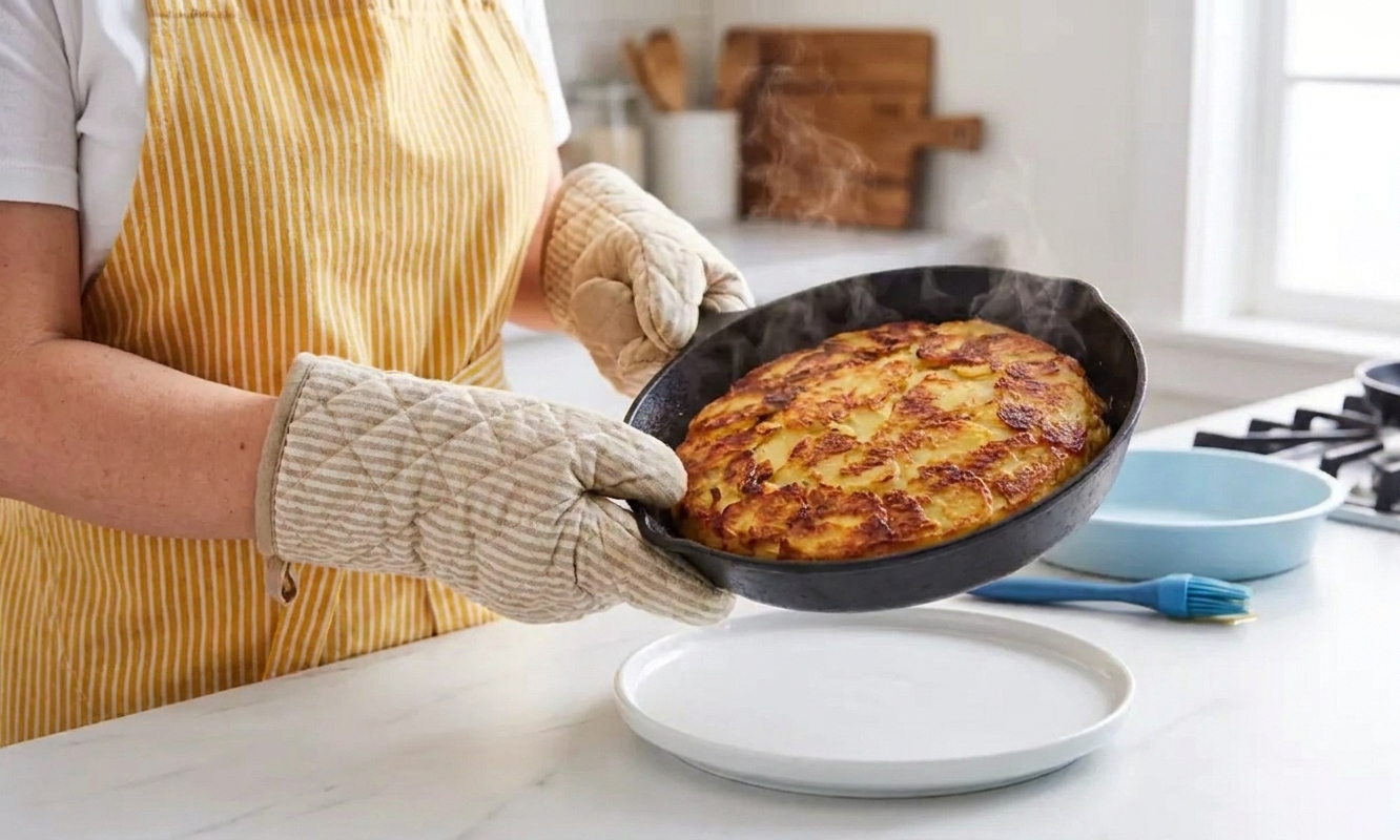 Hands wearing oven mitts flipping a round potato cake from a pan onto a serving plate on a kitchen counter