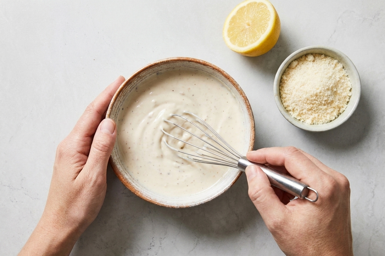 Hands whisking Caesar dressing in a mixing bowl on a kitchen counter with a lemon half and a small pile of grated Parmesan nearby