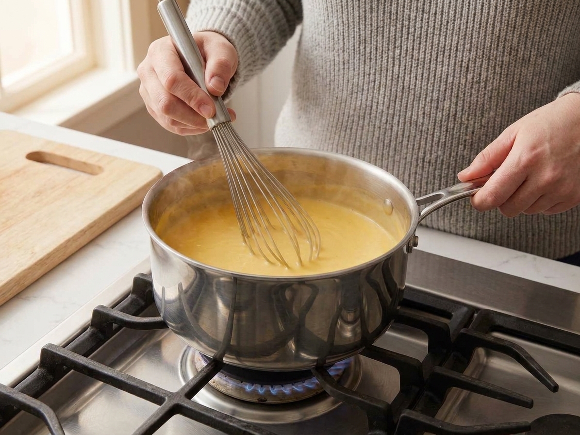 Hands whisking a creamy cheese sauce in a saucepan on a stovetop in a bright home kitchen