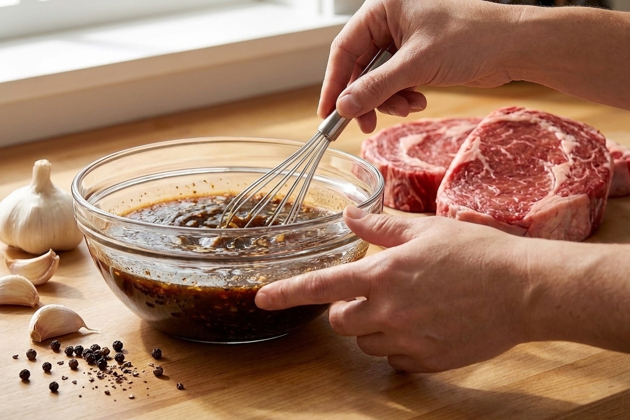 Hands whisking a dark Worcestershire marinade in a glass bowl on a kitchen counter