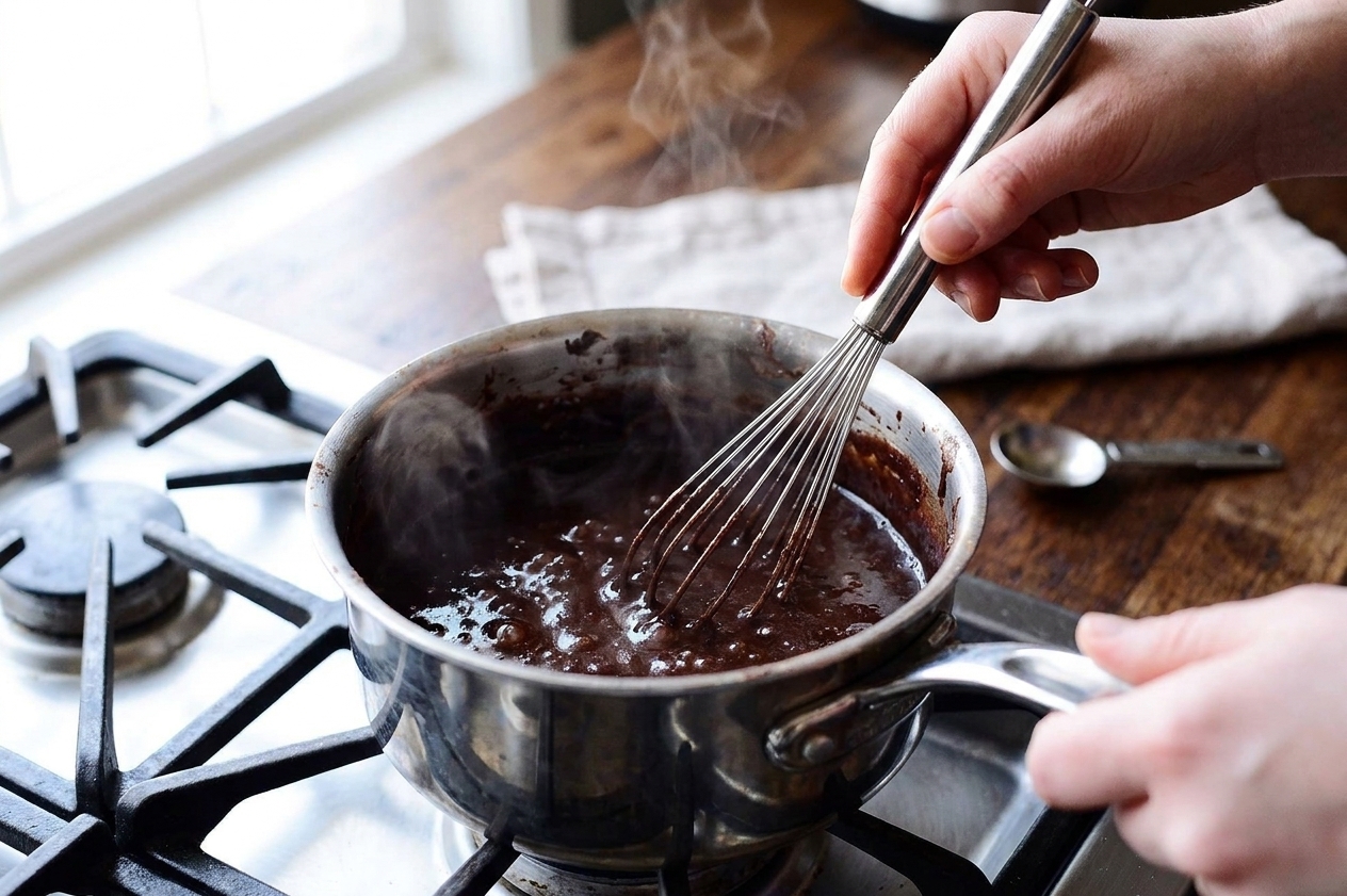 Hands whisking a dark cocoa mixture in a saucepan on the stovetop as it begins to simmer