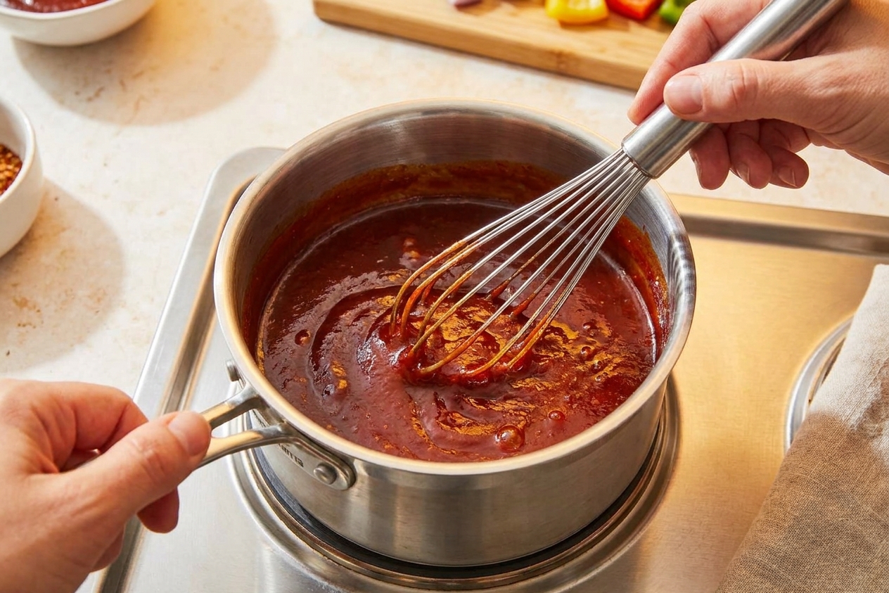 Hands whisking a glossy barbecue sauce in a small saucepan on a stovetop with warm kitchen lighting