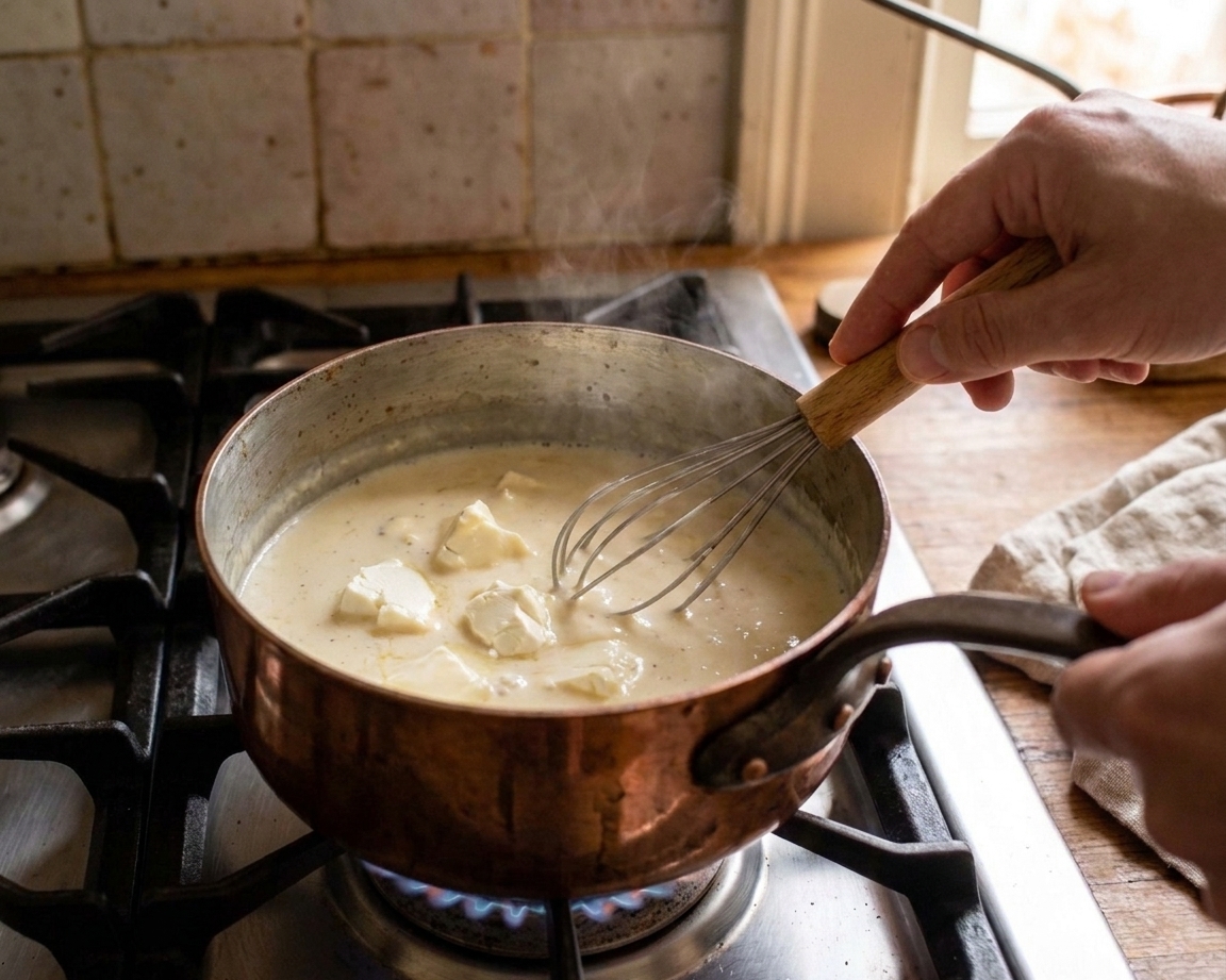Hands whisking a pale creamy sauce in a saucepan as cream cheese melts smoothly into warm milk