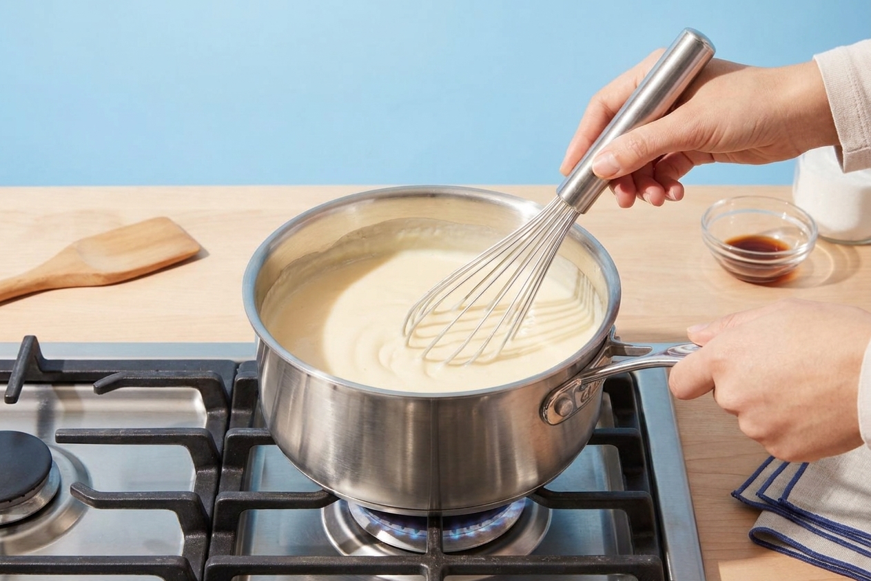 Hands whisking a pale custard base in a stainless steel saucepan on a stovetop