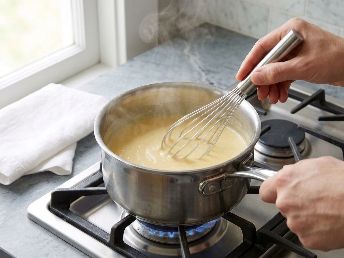 Hands whisking a pale custard mixture in a stainless steel saucepan on a stovetop with gentle steam rising