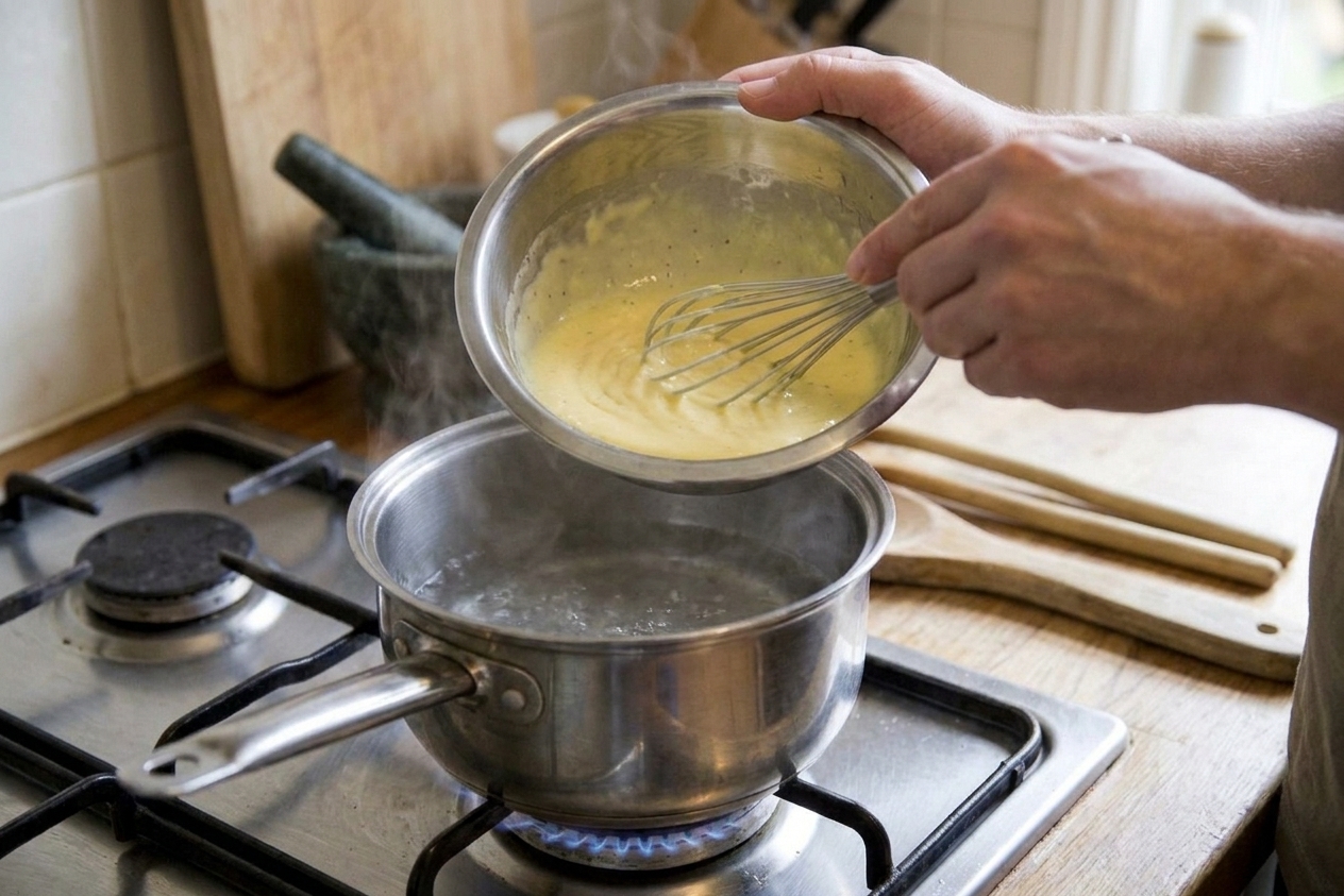 Hands whisking a pale yellow béarnaise sauce in a metal bowl set over a saucepan of gently simmering water on a stovetop
