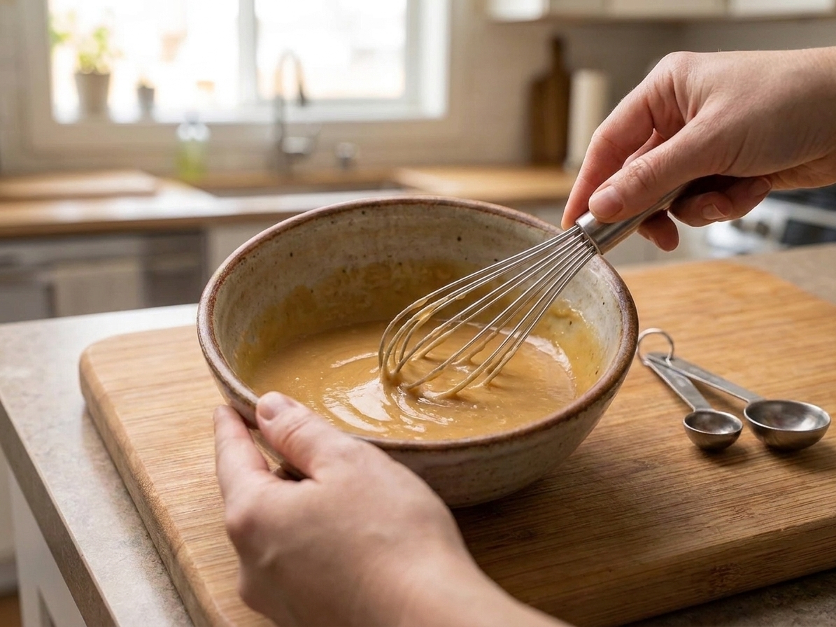 Hands whisking a smooth miso glaze in a small ceramic bowl on a kitchen counter with a whisk and measuring spoons nearby