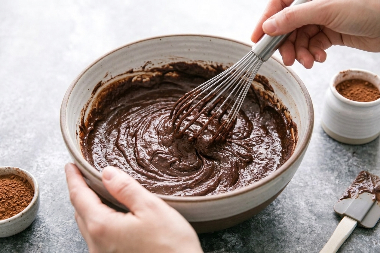 Hands whisking a thick chocolate batter in a large mixing bowl on a bright kitchen counter