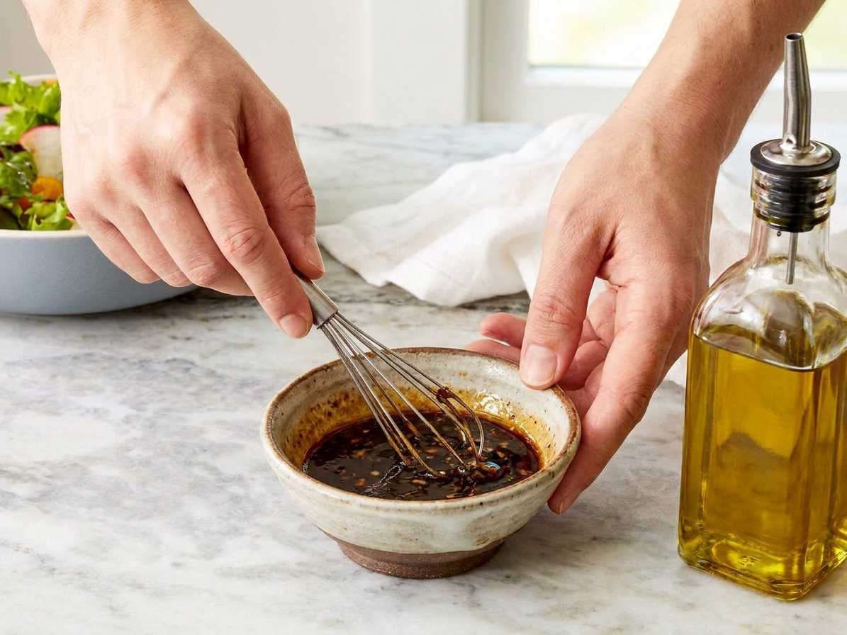 Hands whisking balsamic vinaigrette in a small ceramic bowl on a kitchen counter with olive oil nearby