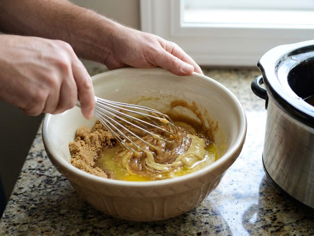 Hands whisking brown sugar, pineapple juice, Dijon mustard, and melted butter in a mixing bowl on a kitchen counter