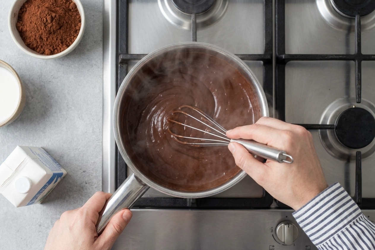 Hands whisking chocolate pudding in a saucepan on a stovetop as steam rises