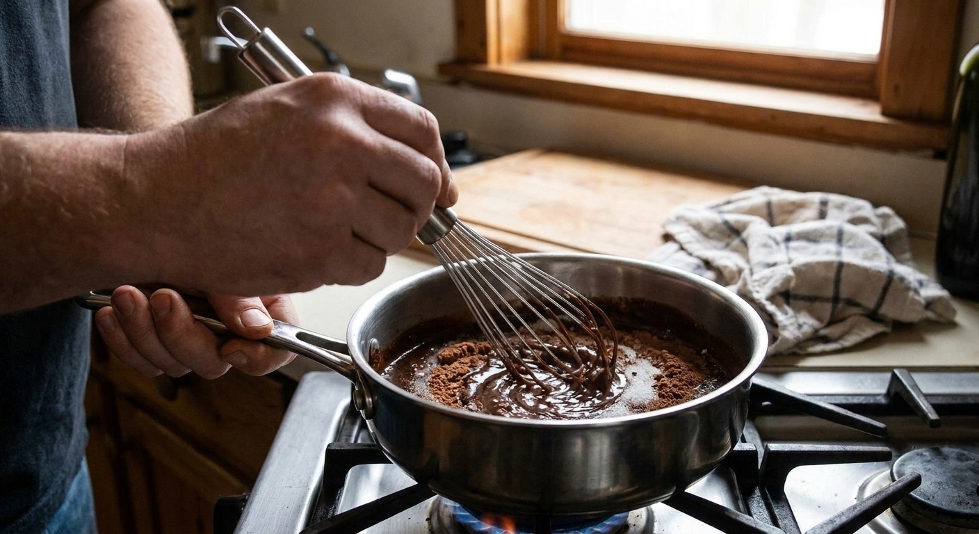 Hands whisking cocoa and sugar into a glossy chocolate syrup in a small saucepan on a stovetop