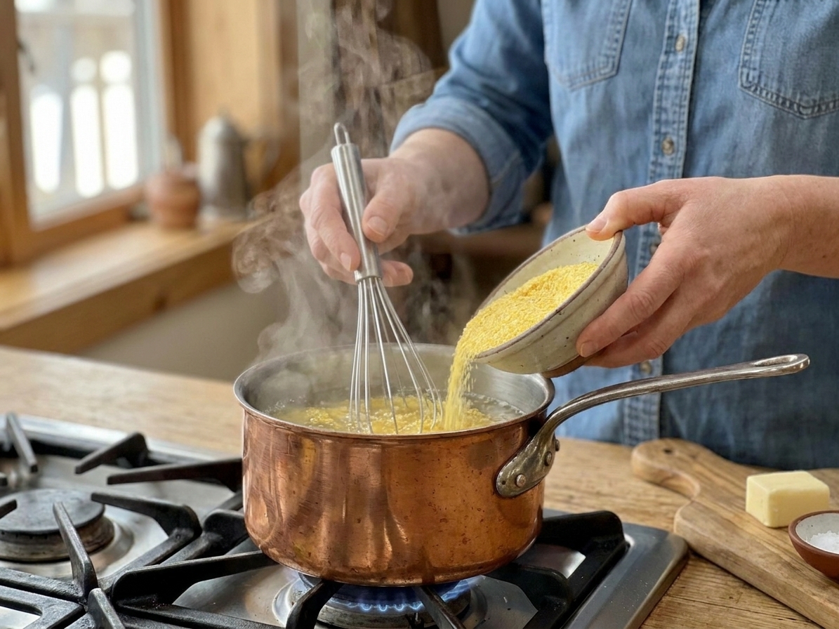 Hands whisking cornmeal into gently simmering water in a saucepan on a stovetop, with steam rising in warm kitchen light