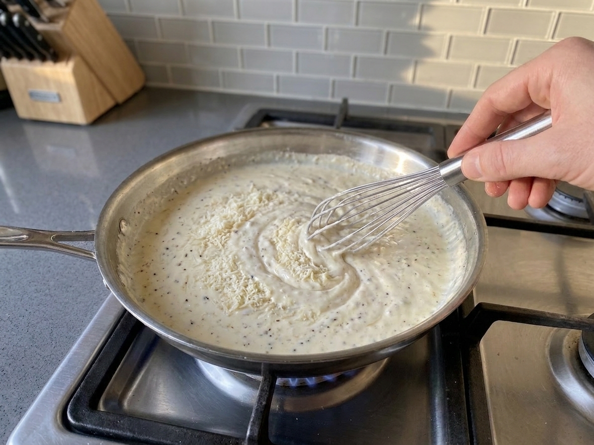 Hands whisking creamy Alfredo sauce in a stainless steel skillet on a stovetop as grated Parmesan melts into the sauce