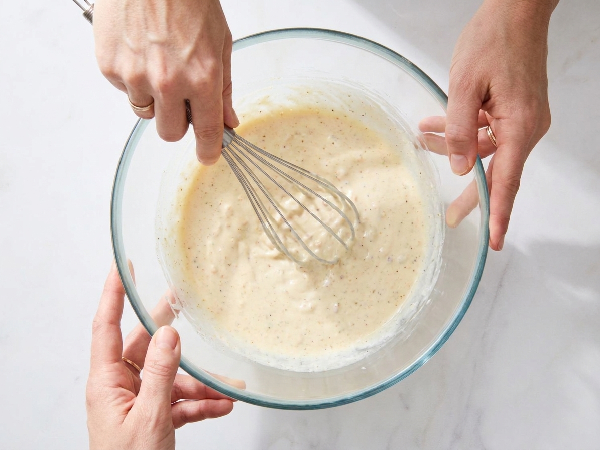 Hands whisking creamy coleslaw dressing in a clear glass bowl on a light kitchen counter