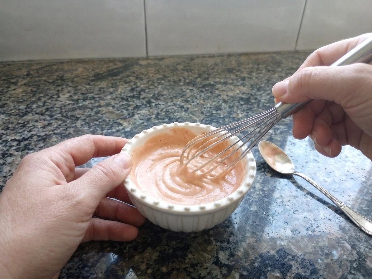 Hands whisking creamy hamburger sauce in a small bowl on a bright kitchen counter